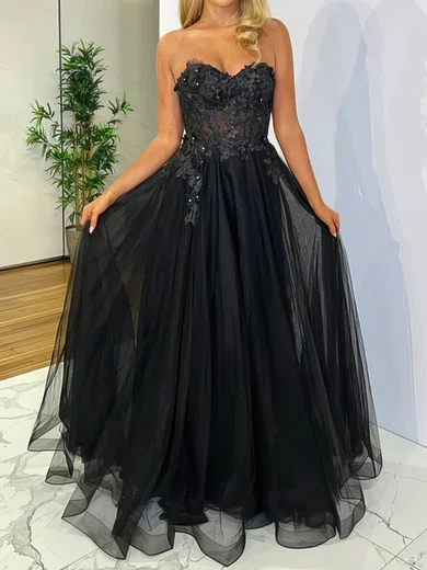 Black Ball Gown Strapless Tulle Prom Dresses With Appliques #Milly020116829