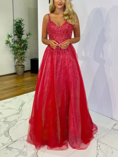 Ball Gown V-neck Tulle Glitter Sweep Train Prom Dresses With Beading #Milly020116834
