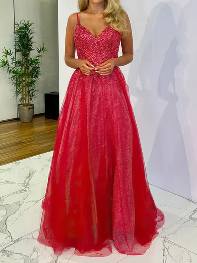 Ball Gown V-neck Tulle Prom Dresses With Beading #Milly020116834