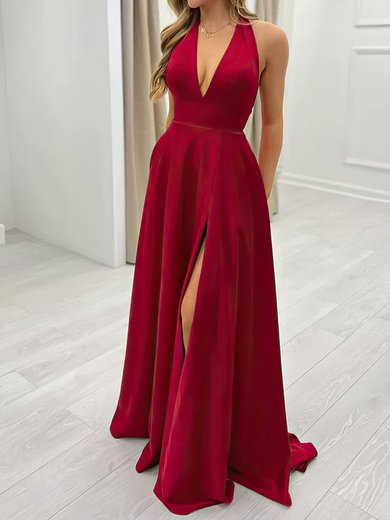 A-line Halter Backless Satin Prom Dresses With Ruched #Milly020116836