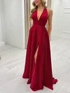 A-line Halter Satin Sweep Train Split Front Prom Dresses #Milly020116836