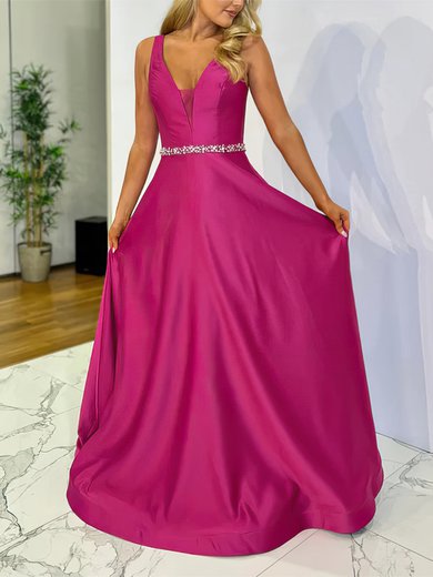 Ball Gown V-neck Satin Sweep Train Prom Dresses With Beading #Milly020116846