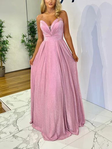 A-line V-neck Shimmer Crepe Floor-length Prom Dresses With Ruffles #Milly020116848