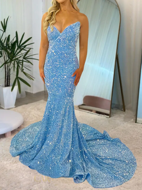 Mermaid V-neck Sparkly Velvet Sequin Prom Dresses #Milly020116852