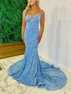 Trumpet/Mermaid V-neck Velvet Sequins Sweep Train Prom Dresses #Milly020116852