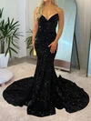 Black Mermaid V-neck Sparkly Velvet Sequin Prom Dresses #Milly020116855