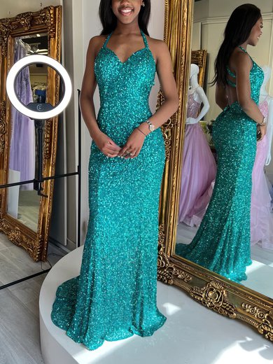 Sheath/Column V-neck Sequined Sweep Train Prom Dresses #Milly020116863