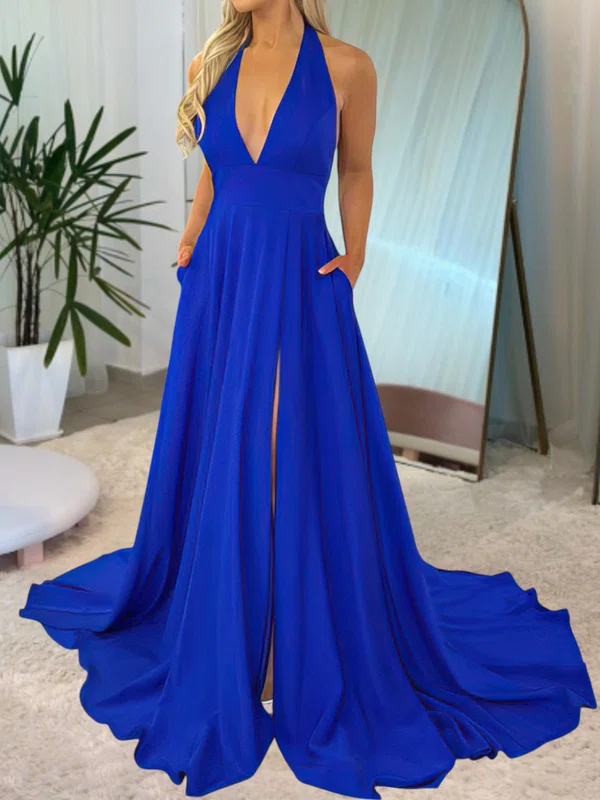 Ball Gown Halter Backless Satin Prom Dresses With Ruched #Milly020116866