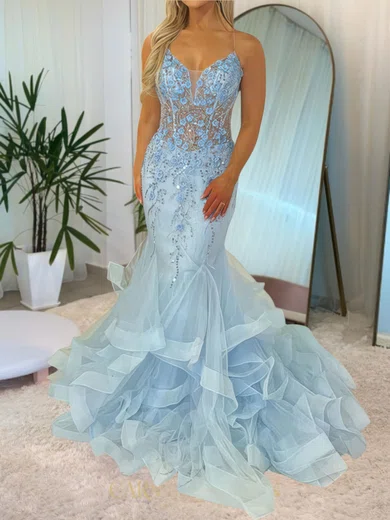 Mermaid V-neck Tulle Ruffle Tiered Prom Dresses With Appliques #Milly020116867