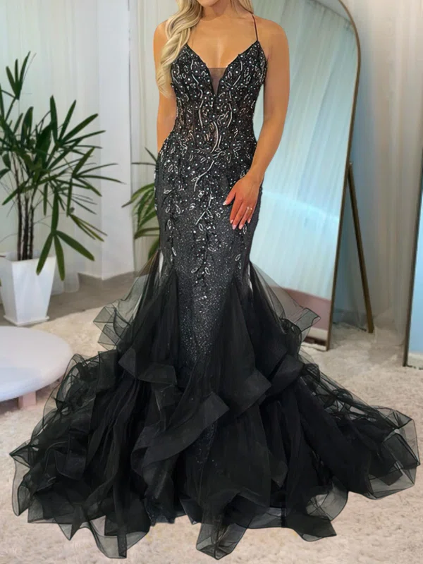 Mermaid V-neck Tulle Ruffle Tiered Prom Dresses With Appliques #Milly020116868