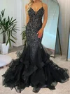 Mermaid V-neck Tulle Ruffle Tiered Prom Dresses With Appliques #Milly020116868
