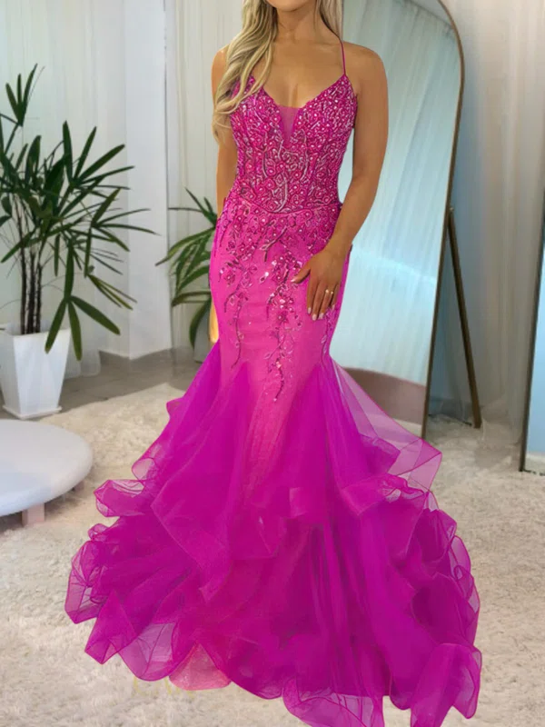 Mermaid V-neck Tulle Ruffle Tiered Prom Dresses With Appliques #Milly020116869