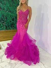 Trumpet/Mermaid V-neck Tulle Glitter Sweep Train Appliques Lace Prom Dresses #Milly020116869