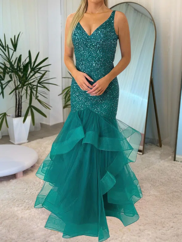 Mermaid V-neck Tulle Ruffle Tiered Prom Dresses With Beading #Milly020116873