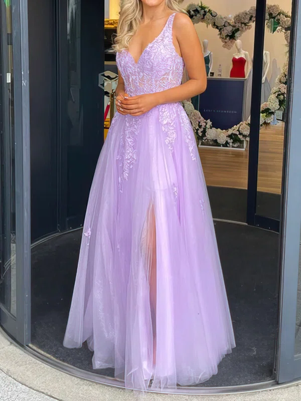 Ball Gown V-neck Tulle Corset Prom Dresses With Appliques #Milly020116876