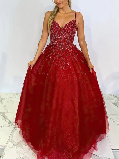 Ball Gown V-neck Glitter Floor-length Appliques Lace Prom Dresses #Milly020116879