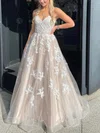 Ball Gown V-neck Tulle Sweep Train Prom Dresses With Appliques Lace #Milly020116882