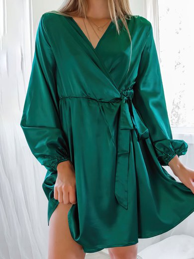 Green Satin Long Sleeves Mini Dress #Milly020116915