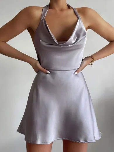 Silver Draped Collar Satin Backless Homecoming Dresses #Milly020116917