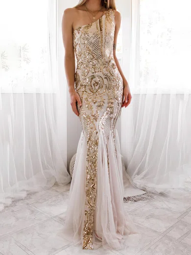 Sheath/Column One Shoulder Tulle Floor-length Formal Dresses PT020116951