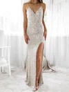 Sheath/Column V-neck Sequined Floor-length Split Front Prom Dresses #Milly020116955