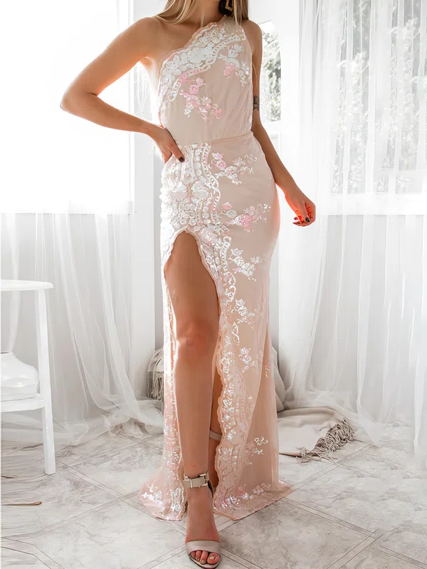 Sheath/Column One Shoulder Tulle Sweep Train Formal Dresses With Split Front PT020116957