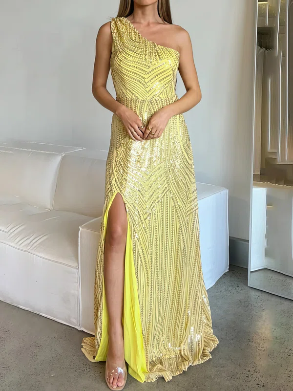 A-line One Shoulder Sweep Train Formal Dresses With Split Front PT020116960