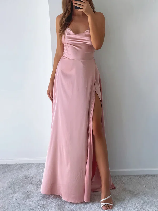 A-line Cowl Neck Satin Floor-length Split Front Formal Dresses PT020116978