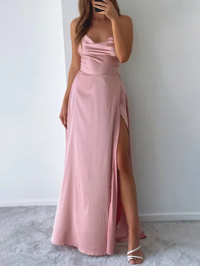 A-line Cowl Neck Satin Floor-length Split Front Formal Dresses PT020116978