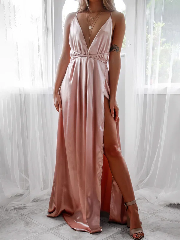 A-line V-neck Satin Floor-length Formal Dresses With Split Front PT020116988