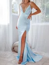 Sheath/Column V-neck Silk-like Satin Sweep Train Split Front Prom Dresses #Milly020117007