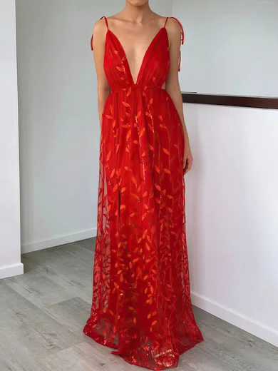 A-line V-neck Tulle Floor-length Formal Dresses With Split Front PT020117022