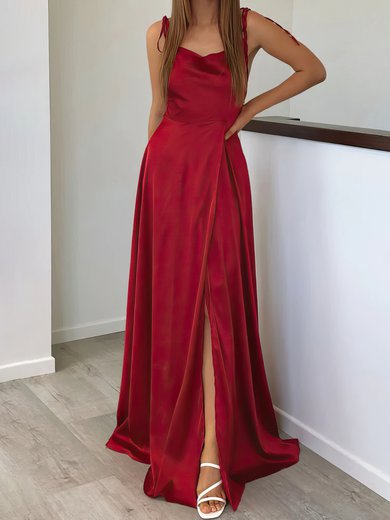 A-line Cowl Neck Silk-like Satin Floor-length Split Front Prom Dresses #Milly020117026