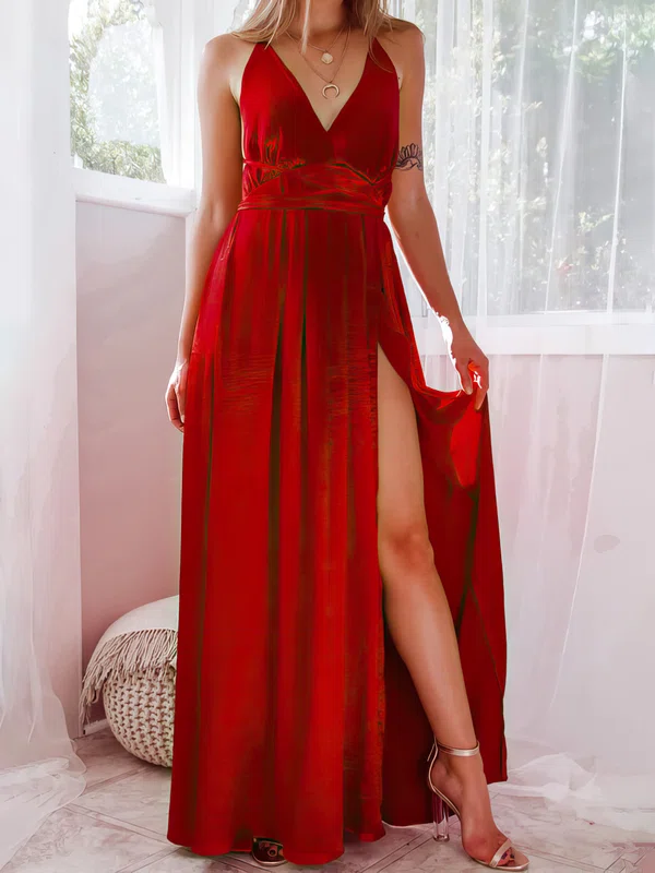 A-line V-neck Satin Floor-length Formal Dresses With Split Front PT020117029