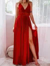 A-line V-neck Satin Floor-length Formal Dresses With Split Front PT020117029