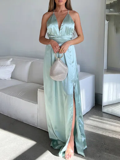 A-line V-neck Satin Sweep Train Formal Dresses With Split Front PT020117057
