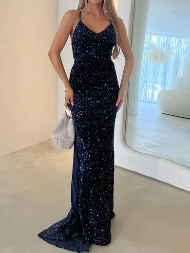 Sheath/Column V-neck Sparkly Velvet Sequin Prom Dresses #Milly020117068