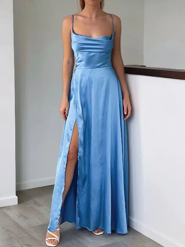 A-line Cowl Neck Satin Floor-length Split Front Formal Dresses PT020117072