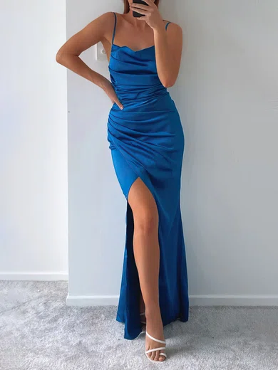 Modest Sheath/Column Satin Cowl Neck Ruched Split Maxi Dress PT020117077