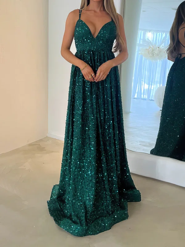 A-line V-neck Velvet Sequin Sweep Train Formal Dresses PT020117082
