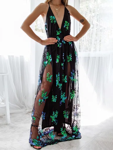 A-line V-neck Tulle Sweep Train Formal Dresses With Sequin PT020117086