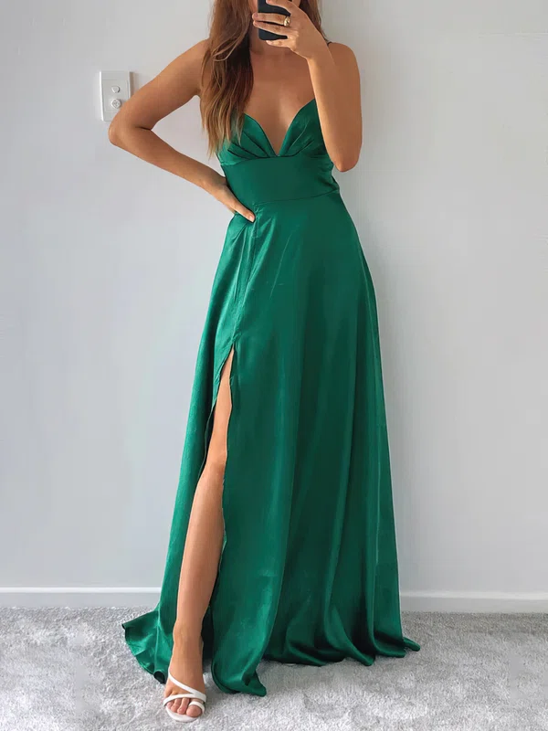 A-line V-neck Satin Sweep Train Ruffles Formal Dresses PT020117089
