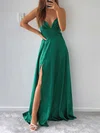 A-line V-neck Satin Sweep Train Ruffles Formal Dresses PT020117089