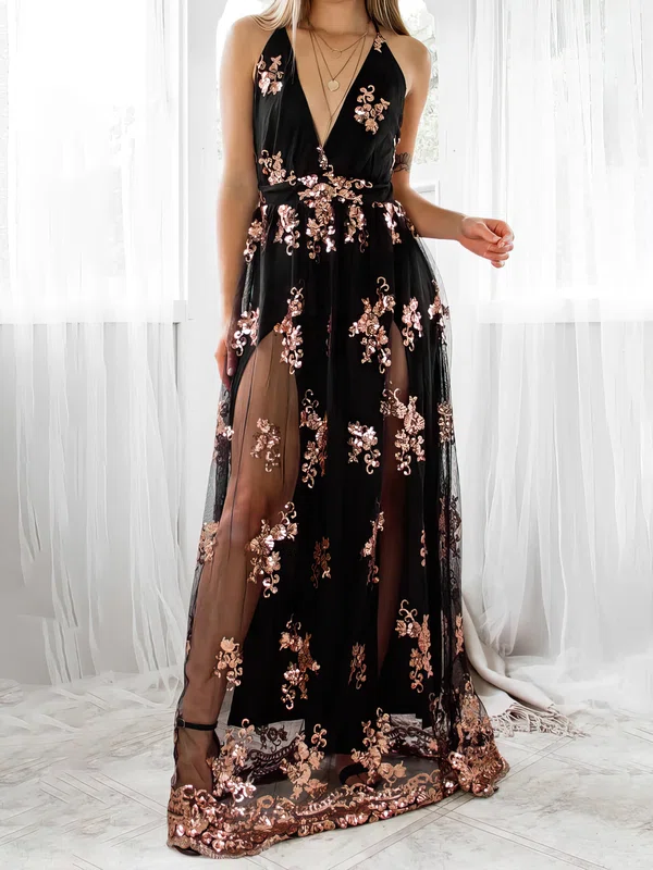 A-line V-neck Tulle Floor-length Formal Dresses With Sequin PT020117108