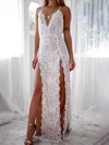 Sheath/Column V-neck Lace Sweep Train Formal Dresses With Split Front PT020117124