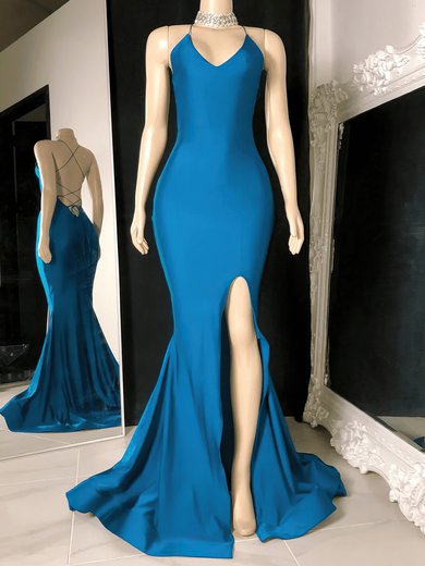 Sheath/Column V-neck Jersey Sweep Train Prom Dresses With Split Front #Milly020117144