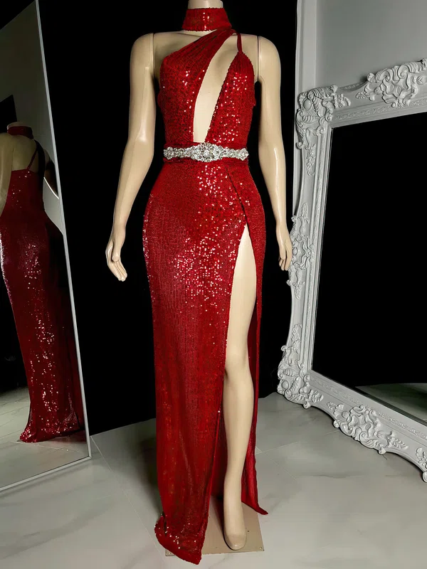 Sheath/Column High Neck Floor-length Formal Dresses With Split Front PT020117146