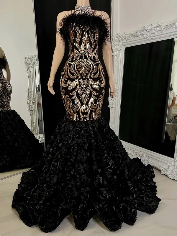 Trumpet/Mermaid Straight Sweep Train Formal Dresses With Feathers PT020117163