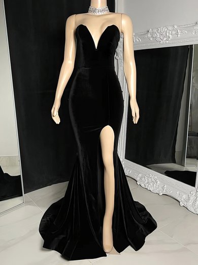 Sheath/Column V-neck Velvet Sweep Train Prom Dresses With Split Front #Milly020117165