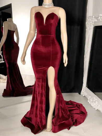 Mermaid Strapless Velvet Prom Dresses With Split #Milly020117182